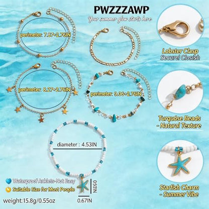 Ankle Bracelets for Women Gold Anklet Set Boho Vacation Gift | Gold anklet set for women 5 styles with matching gift pouch.Boho adjustable non-tarnish jewelry.Perfect present idea. - color: Starfish