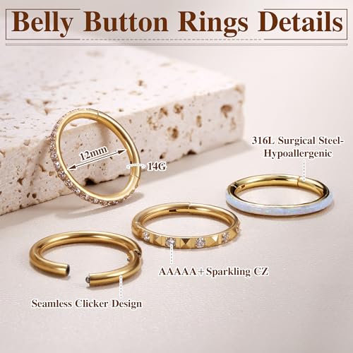 FIBO STEEL 14G Belly Button Rings 316L Surgical Steel Belly Hoop Ring Clear CZ Opal Navel Rings Clicker Segment Belly Piercing Jewelry 10mm 12mm - color: 14K Gold Plated 12mm