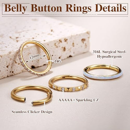 FIBO STEEL 14G Belly Button Rings 316L Surgical Steel Belly Hoop Ring Clear CZ Opal Navel Rings Clicker Segment Belly Piercing Jewelry 10mm 12mm - color: 14K Gold Plated 12mm
