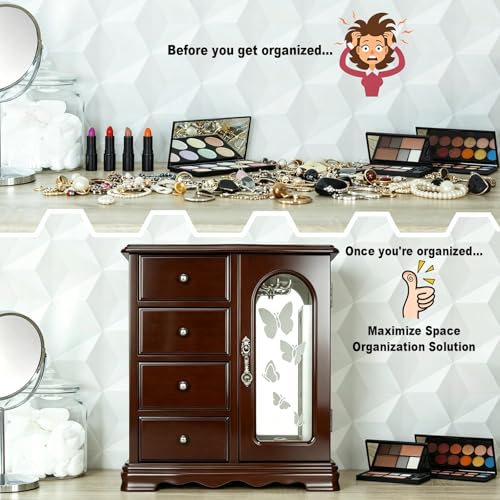 RR ROUND RICH DESIGN Solid Wood Jewelry Box Brown | Large Organizer with 4 Drawers, Built-in Necklace Carousel & Large Mirror - style: Fashion Brown