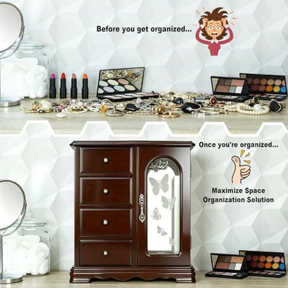 RR ROUND RICH DESIGN Solid Wood Jewelry Box Brown | Large Organizer with 4 Drawers, Built-in Necklace Carousel & Large Mirror - style: Fashion Brown