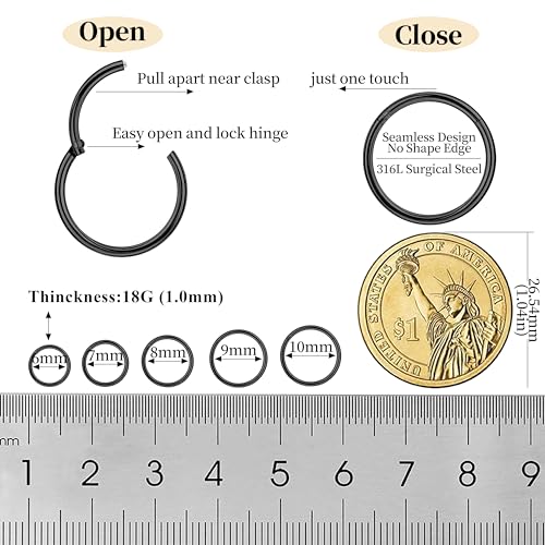 10Pcs 18G 20G Surgical Steel Nose Rings Hoops for Women Men Hinged Seamless Clicker Nose Hoops Cartilage Helix Tragus Daith Sleeper Earrings Hoop Hypoallergenic Nose Piercing 6/7/8/9/10MM - color: black, size: 18G