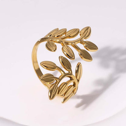 Stainless Steel Leaf Statement Ring for Women Laurel Branch Leaves Open Adjustable Band Fashion Finger Stacking Rings Birthday Party Jewelry Gifts Friendship - style: Leaves Gold