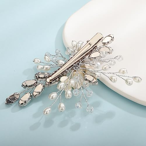 Xerling Silver Rhinestones Crystal Flower Hair Barrettes Clip Boho Bridal Pearl Hair Jewelry Accessories for Women Wedding Floral Headpieces (Silver) - color: Silver