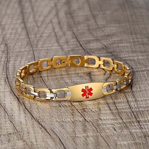 LinnaLove Fashion Shiny medical alert bracelet with Free Engraving Stainless steel Medical id bracelet for Women - color: Horseshoe-Gold