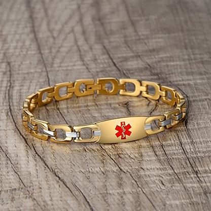 LinnaLove Fashion Shiny medical alert bracelet with Free Engraving Stainless steel Medical id bracelet for Women - color: Horseshoe-Gold
