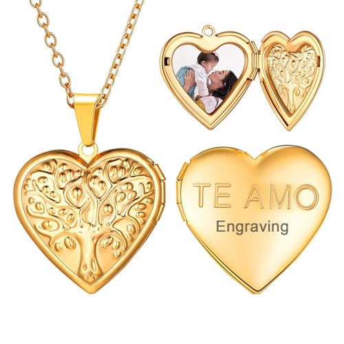 U7 Women Locket Necklace, Heart Photo Lockets Hold Picture, Gift Box Packed | Gold/Silver/Rose Locket Charm, Custom Picture and Engravement Heart Pendant, 20" Chain, Personalized Gift for Mom Wife Friend - color: 04# Gold(Tree of Life)