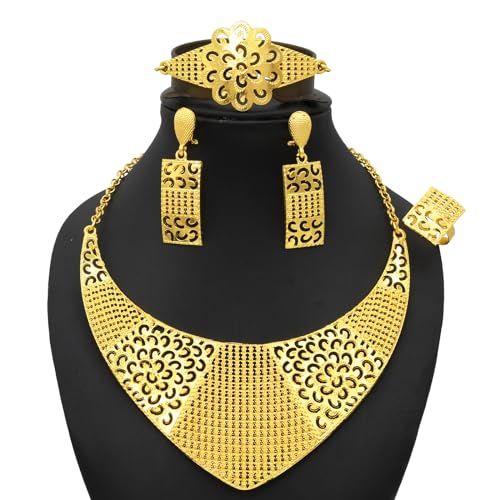 indian Women Jewelry Necklace Set african Dubai Bride Wedding Prom Fashion Jewelry 24K Gold Plated Necklace Bangles Rings Earrings - color: S-350