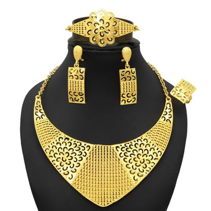 indian Women Jewelry Necklace Set african Dubai Bride Wedding Prom Fashion Jewelry 24K Gold Plated Necklace Bangles Rings Earrings - color: S-350