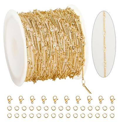 KYUNHOO 5M Gold Plated Jewelry Making Chains Embossed Stick Chain Links | Thin Craft Chains on Spool 304 Stainless Steel Gold Chain for Handcraft DIY - color: Stick Gold