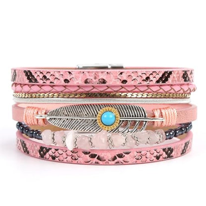 Long tiantian Boho Western Bracelets for Women Leather Wrap Bracelets Turquoise Bracelet Western Jewelry Country Concert Outfits - color: A2:pink