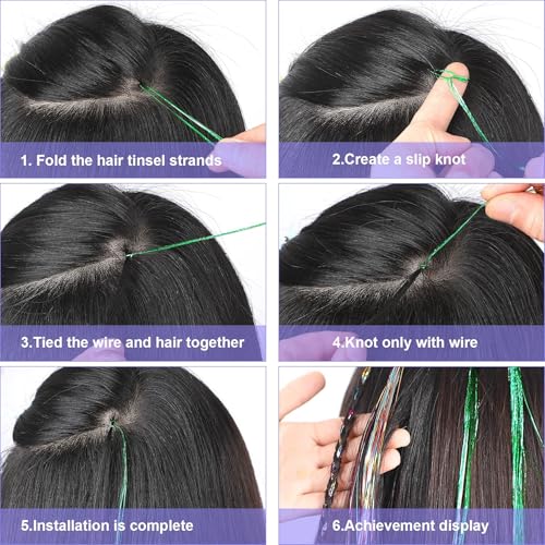 FEBSNOW Tinsel Hair Extension, 47 Inch Glitter Rainbow Strands with Tool | 2400 Strands 12 Mixed Colors Sparkling Hair Kit, Girls Party Accessories, Christmas Wedding Birthday Hair Styling Supplies - color: Multi 12 colors-1