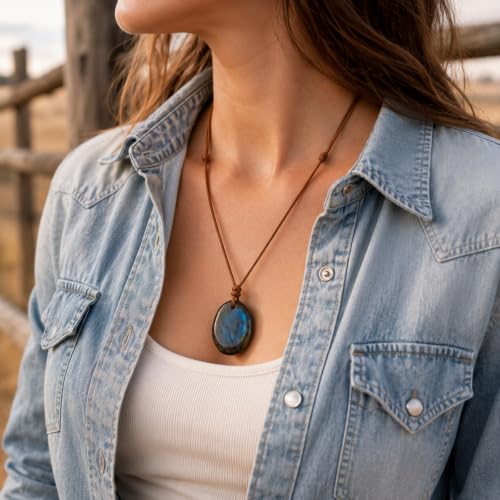 Labradorite Pendant Necklace, Natural Gemstone Jewelry | Natural labradorite, adjustable waxed cord, unisex style, daily wear
