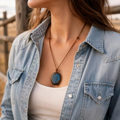 Labradorite Pendant Necklace, Natural Gemstone Jewelry | Natural labradorite, adjustable waxed cord, unisex style, daily wear