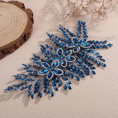 Teyglen Large Full Rhinestone Headband Flower Crystal Bride Wedding Headband Hair Vine Bridal Rhinestone Headpiece Wedding Hair Accessories for Women Party Prom (Peacock blue) - color: Peacock blue