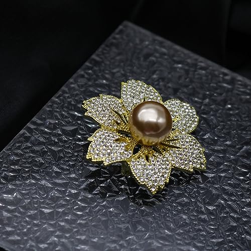Gold/Silver Bauhinia Flower Crystal Brooches Pins Fashion Beautiful Created Rhinestone Pearl Floral Brooch Good Idea for Party Dance Wedding Banquet for Elegant Women Girl (Style 1)