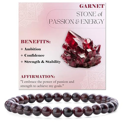 Bivei 6mm Beaded Bracelets for Women Handmade Semi Precious Natural Stone Stretch Elastic Jewelry Yoga Protection Gifts - color: Garnet - Passion & Energy, size: Medium 6.8-7.3 inch