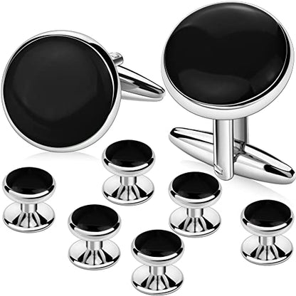 AMITER Men’s Cufflinks and Tuxedo Studs Set, Suitable for Black Suit White Shirts on Wedding, Anniversary, Birthday - color: Solid Black+silver color