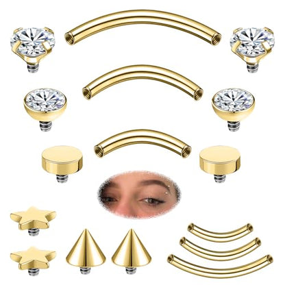 ZS Stainless Steel Eyebrow Piercing Jewelry Internal Thread Eyebrow Ring Labret Lip Jewelry Daith Rook Piercing Curved Barbell Belly Button Ring for Women Men 6mm/8mm/10mm - color: 5 Pairs Top, Gold