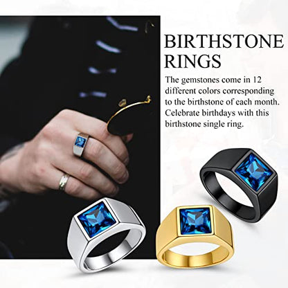 Bestyle Stainless Steel Men Signet Ring-Black/Blue Gemstone Band Ring-Classic Simple Thick Men Ring Size 7-14 - color: 01. 8MM Blue Zircon - Gold