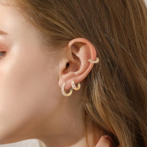 Wgoud Small Gold Hoop Earrings Set for Women, 6 Pairs 14K Gold Plated Hypoallergenic Lightweight Huggie Hoops Earrings, Trendy Cartilage Cubic Zirconia Earrings for Women Gifts. - color: A-Gold