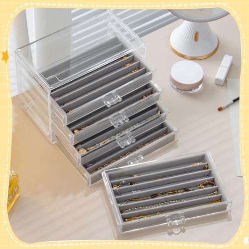 SPAKOWN Necklace Organizer Box with 5 Drawers 30 Compartments | Dustproof Velvet Necklace Tray Acrylic Necklaces Display Case Pendant Chains Storage Tray Gift for Women and Girls (Grey) - color: Grey