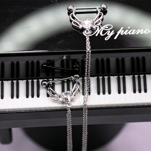 VERAMI 14G 316L Double Chain Connecting Heart CZ Nipple Rings Stainless Steel Skull Angel Piercing Barbell Body Pierced Jewelry for Women - color: Silver-B