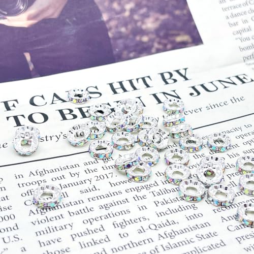 100pcs Large Hole Rhinestone Spacer Beads 10mm Silver Plated Czech Crystal Rhinestone for DIY Jewelry Making Charms Bracelet (AB Crystal) - color: AB Crystal