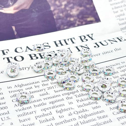 100pcs Large Hole Rhinestone Spacer Beads 10mm Silver Plated Czech Crystal Rhinestone for DIY Jewelry Making Charms Bracelet (AB Crystal) - color: AB Crystal