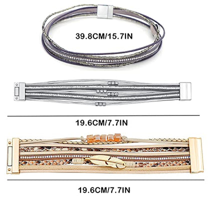 Leather Wrap Bracelet Set 3Pack Wrist Cuff Bracelet for Women Multilayer Magnetic Clasp Bracelet Feather Tree Bead Crystal Bracelet - color: Grey Crystal