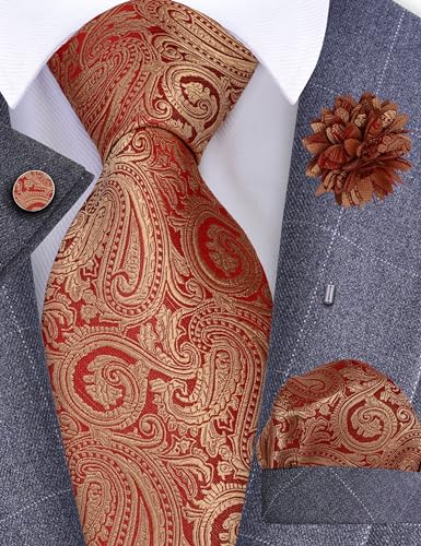 GUSLESON 3.15"（8cm） Mens Tie and Lapel Pin Paisley Necktie Hankerchief Cufflinks Set for Men - color: Gold Red