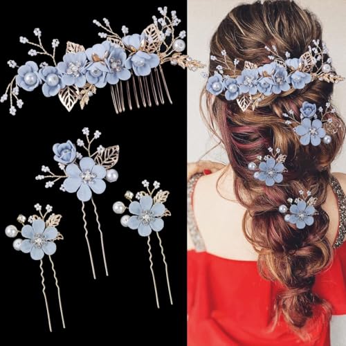 4 Pieces Bridal Flower Wedding Hair Comb Rhinestones Crystal Floral Hair Pins Hair Clips Wedding Hair Accessories Hair Jewelry for Brides Bridesmaids Women Girls(Blue) - color: Blue