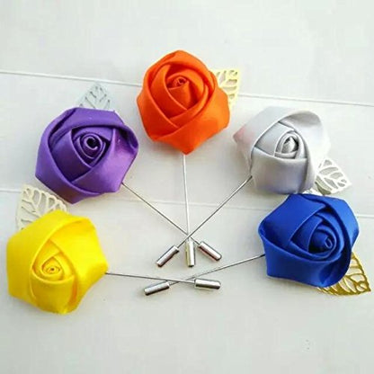 Gentleman's Essentials Premium Handmade Flower Lapel Pin Boutonniere - color: Bright Red [Rose Gold Leaf]