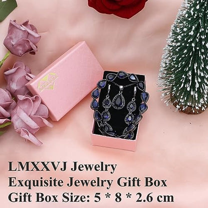 LMXXVJ Necklace Long Earrings Bracelet Set, White Gold Plated Created Blue Sapphire Jewelry Set Wedding Party Gift Jewelry for Women Bridal Bridesmaid - color: Black Gun-Blue