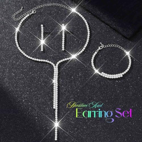 Silver Bridal Wedding Jewelry Sets Rhinestone Necklace Earrings Bracelet Set Prom Formal Costume Jewelry Sets for Women and Brides - color: Silver