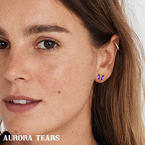 Aurora Tears Butterfly Necklace Earrings Ring Bracelet - Women 925 Sterling Silver Animal Butterflies Birthstone Pendant Crystal Wedding Birthday Jewelry - color: earrings-February-Amethyst