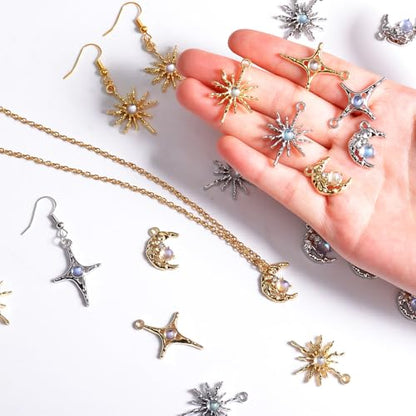 stino Jewelry Celestial Charms Set, Moon Star Sun Pendants | 48/56 Pcs, Silver & Gold Plated, DIY Jewelry Making Accessories - style: Baroque