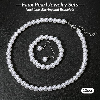 12 Pcs Pearl Necklace Jewelry Sets for Women- 4 Sets Classic 8mm White Faux Pearl Necklace Earring and Bracelet Set - Beaded Necklaces Jewelry for Wedding Bridal Shower Gifts