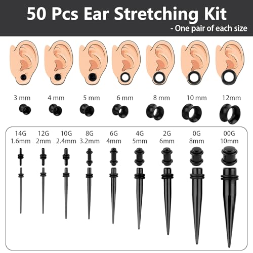 50 Pcs Ear Stretching Kit, Acrylic Gauges for Ears 14G-00G | Lightweight Tapers+ Plugs+ Silicone Tunnels, Gauge Stretching Kit, Piercing Earring Jewelry for Men, Women, Starter Expanders - color: Black