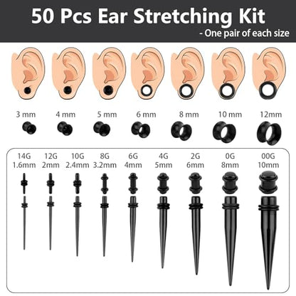 50 Pcs Ear Stretching Kit, Acrylic Gauges for Ears 14G-00G | Lightweight Tapers+ Plugs+ Silicone Tunnels, Gauge Stretching Kit, Piercing Earring Jewelry for Men, Women, Starter Expanders - color: Black