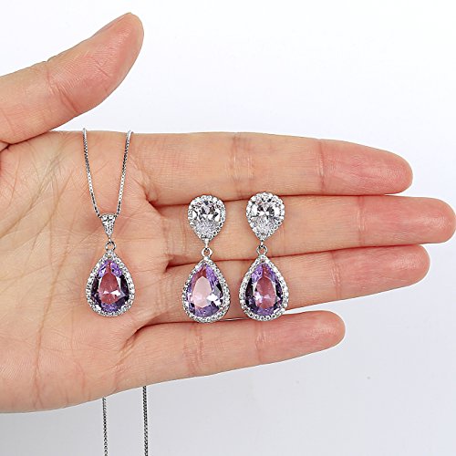 Elegant Jewelry Set for Women Silver Teardrop CZ Drop Earrings and Necklace | Square Teardrop Cubic Zirconia Rhinestone Jewelry Sets Bridal Jewelry Sets for Wedding Bride Bridesmaids Mother of Bride - style: Guardian Angel (Amethyst)