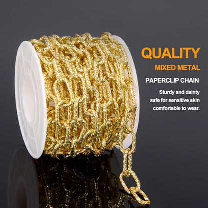 KYUNHOO 9.8 Feet Embossed Paperclip Chain for Jewelry Making with Clasps | 18K Gold Plated Mixed Material Bulk Jewelry Chunky Paper Clip Necklace Making Chains for Crafts DIY - color: Paperclip Gold