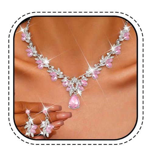 Rhinestone Bridal Wedding Jewelry Sets Gold Necklace Earrings Set Leaf Prom Formal Costume Jewelry Set for Women and Brides - color: Pink