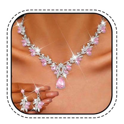 Rhinestone Bridal Wedding Jewelry Sets Gold Necklace Earrings Set Leaf Prom Formal Costume Jewelry Set for Women and Brides - color: Pink