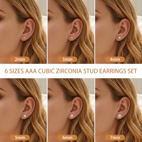 6/12 Pairs Silver Gold Stud Earrings Set for Women Men Cubic Zirconia 316L | Hypoallergenic, 14K Gold Plated Surgical Stainless Steel, 2 3 4 5 6 7 mm CZ Jewelry, Lightweight, Multiple Piercing - color: Sliver/6 Pair