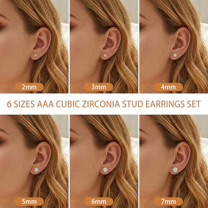 6/12 Pairs Silver Gold Stud Earrings Set for Women Men Cubic Zirconia 316L | Hypoallergenic, 14K Gold Plated Surgical Stainless Steel, 2 3 4 5 6 7 mm CZ Jewelry, Lightweight, Multiple Piercing - color: Sliver/6 Pair