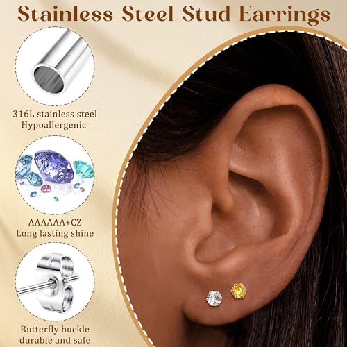 LOYALLOOK 12 Pairs Stainless Steel Cubic Zirconia Stud Earrings, Brilliant Cut Round CZ Earrings set, Birthstone Stud Earrings for Women - style: 2#: 3mm 12 pairs