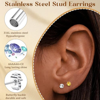 LOYALLOOK 12 Pairs Stainless Steel Cubic Zirconia Stud Earrings, Brilliant Cut Round CZ Earrings set, Birthstone Stud Earrings for Women - style: 2#: 3mm 12 pairs