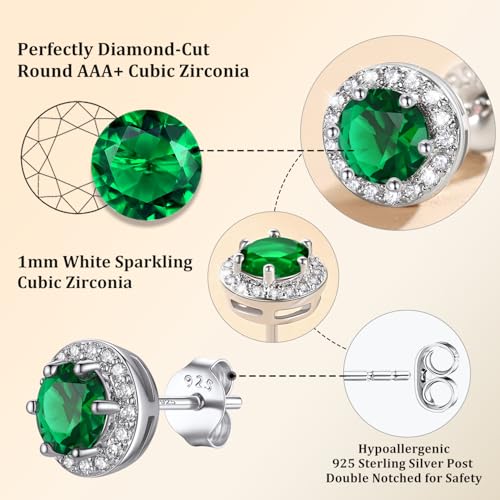 Bestyle 8mm Small Birthstone Earrings for Women with Hypoallergenic Sterling Silver Post,Sparkle Heart/Round Womens Studs Earrings, Great Birthday/Christmas/Anniversary Jewelry for Wife Mother - color: 05. May Emerald-Round