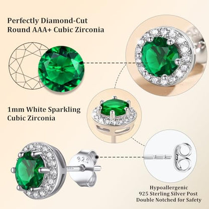 Bestyle 8mm Small Birthstone Earrings for Women with Hypoallergenic Sterling Silver Post,Sparkle Heart/Round Womens Studs Earrings, Great Birthday/Christmas/Anniversary Jewelry for Wife Mother - color: 05. May Emerald-Round